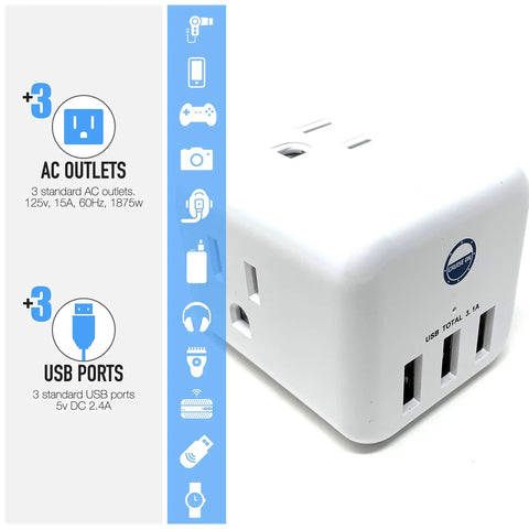 Cruise Approved Non Surge Power Strip With Six Outlets And Three USB Ports And Three AC Sockets, cube shape, side view