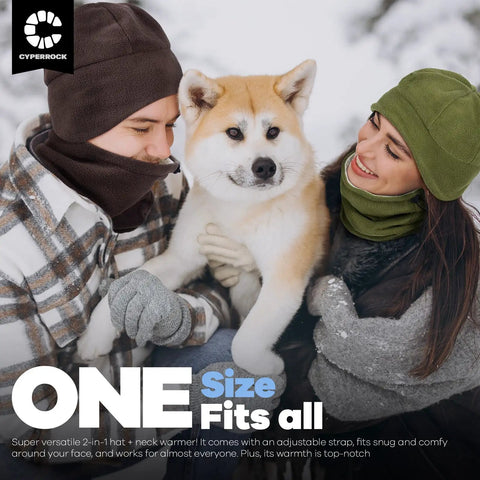 People in winter garments with a dog, wearing Winter Beanie Hat And Neck Gaiter Set With Ear Flaps For Men And Women Fleece Lined Skull Cap.