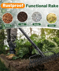 Heavy Duty Bow Rake With 63 Inch Handle And 17 Tines For Leaf Cleanup, rustproof, used in garden near plants, soil types shown