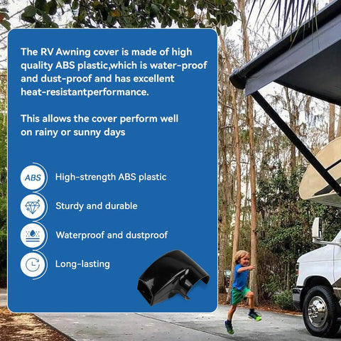 RV Awning End Cap Replacement Kit R001932006 Left Side Black for Compass and Altitude, durable ABS plastic, infographic.