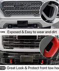 GMC Sierra 1500 Front Tow Hook Cover Replacement Custom Fit Silicone Cover For 2019 2020 2021 2022 2023 2024 Red Durable Wear Resistant Protects Tow Receiver And Adds Dope OEM Style Finish contrasting before and after installation.