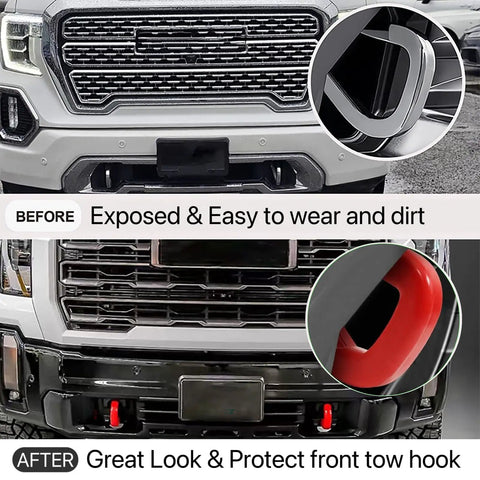 GMC Sierra 1500 Front Tow Hook Cover Replacement Custom Fit Silicone Cover For 2019 2020 2021 2022 2023 2024 Red Durable Wear Resistant Protects Tow Receiver And Adds Dope OEM Style Finish contrasting before and after installation.