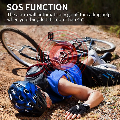 Cyclist lying on ground next to bike with 113dB Vibration Sensing Bike Alarm With Remote And Wireless Receiver For Bicycles Motorcycles E Bikes Scooters Trikes And Mobility Vehicles Anti Theft Security System Keeps Your Ride Safe indicating SOS function.