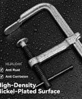 Beefy 12-Inch Heavy-Duty F-Clamps Set with nickel-plated surface showing anti-rust and anti-corrosion features