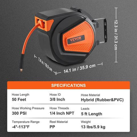 Retractable Air Hose Reel With Three Eighths Inch By Fifty Foot Hybrid Hose Up To 300 PSI For All Your Air Tools shown with dimensions
