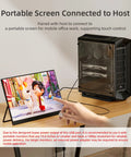 Portable screen connected to a PC with DisplayPort to USB-C Cable for 4K video, finger pointing at screen, wooden desk