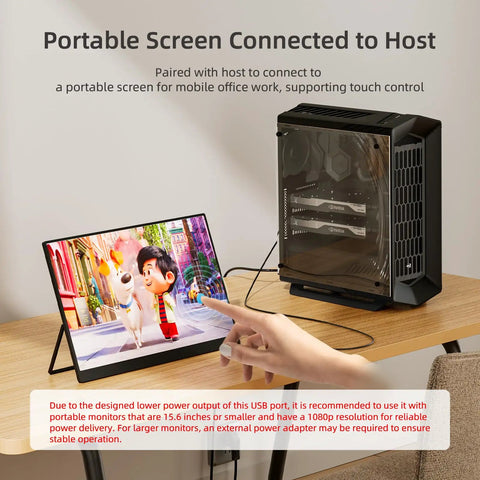 Portable screen connected to a PC with DisplayPort to USB-C Cable for 4K video, finger pointing at screen, wooden desk