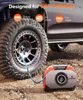 ETENWOLF VORTEX S6 portable tire inflator, orange, connected to car tire valve (front view)