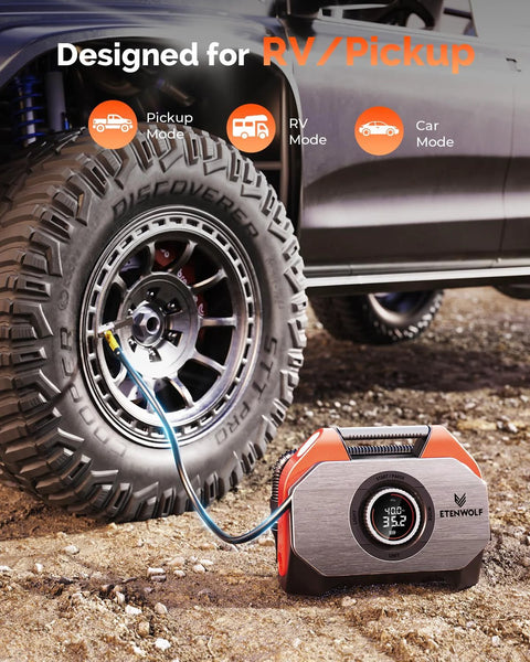 ETENWOLF VORTEX S6 portable tire inflator, orange, connected to car tire valve (front view)