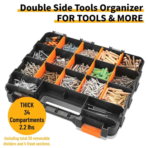 Dual Side 34 Compartments Mini Tool Box Organizer With Customizable Layout And Removable Partitions, Plastic Storage Case Open