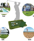 Floating Golf Green Set For Poolside Fun And Outdoor Play With Chipping Mat And Training Accessories shown in various settings