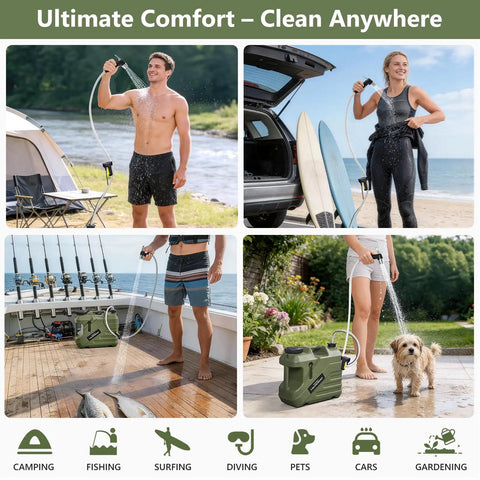 Portable Camping Shower With Built-In Water Jug And Pump, used by people for camping, beach, fishing, and dog wash.