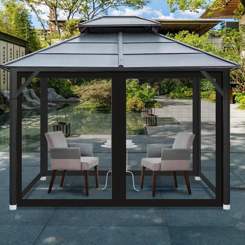 Gazebo with Universal Replacement Mosquito Netting for Outdoor Structures And Canopies, 4-Panel Sidewalls with Zipper, Black, 10x10 ft