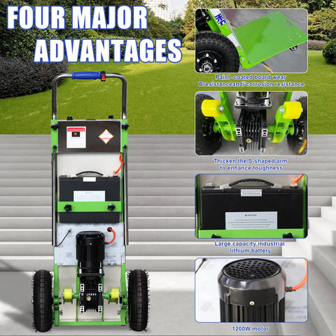 RXFSP Heavy Duty Electric Stair Climbing Hand Truck Dolly With Powerful 1200W Motor showing features and advantages on stairs.