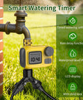 165Ft Drip Irrigation Kit With Timer attached to outdoor faucet showing LCD display and features like rain delay function.