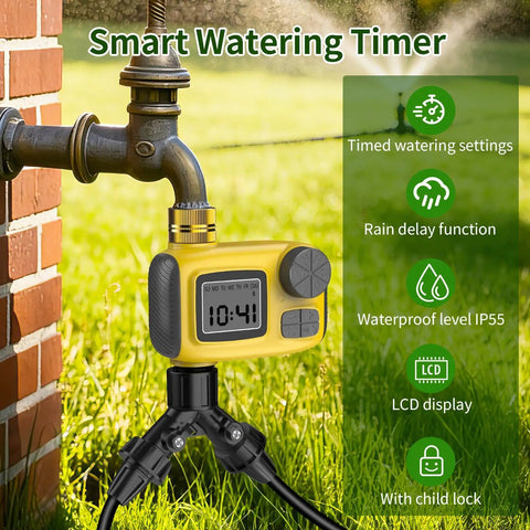 165Ft Drip Irrigation Kit With Timer attached to outdoor faucet showing LCD display and features like rain delay function.