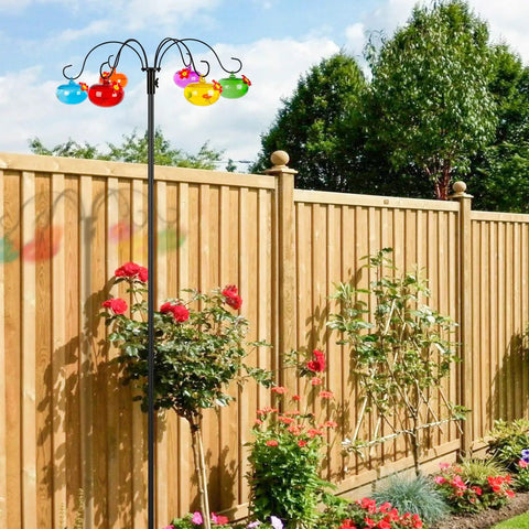 Outdoor Glass Hummingbird Feeders Set With Six Hand Blown Glass Balls On An Adjustable Shepherds Hook Pole For Garden Decor