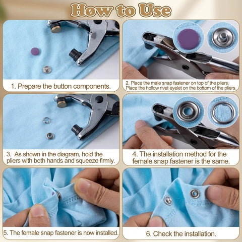 Step by step guide using 200 Pieces 9.5mm Alloy Snap Button Kit For Fabric Sewing Colorful Fasteners For Clothing Hats And DIY Crafts