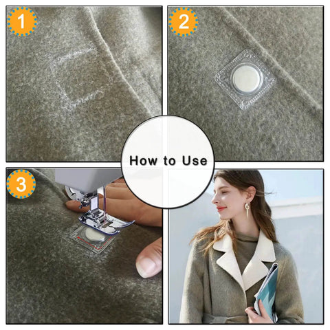 Step-by-step guide for using Legit Heavy Duty Magnetic Snaps in sewing with clear images on fabric.