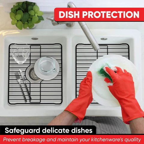 Heavy Duty Sink Protector Grid For Your Kitchen Sink Black Metal Drain Rack 18.1 x 12.3 x 1 In Rust Resistant Coating in use