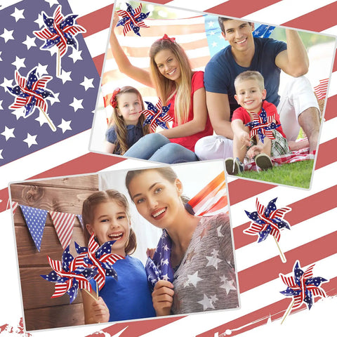 All American 12 Pack Patriotic Pinwheels for Yard and Garden Fourth of July outdoor decorations with family holding pinwheels