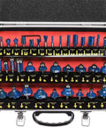 Solid 35 Piece 1/4 Inch Shank Carbide Router Bit Kit With Heavy Duty Case showing blue router bits in organized layout.