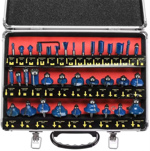 Solid 35 Piece 1/4 Inch Shank Carbide Router Bit Kit With Heavy Duty Case showing blue router bits in organized layout.