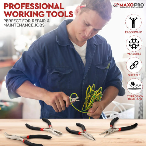Man using Five Piece Needle Nose Pliers Set With Anti Slip Comfort Grips For Jewelry Making Includes Round Nose Toothless Needle Nose Flat Nose Diagonal And Toothed Needle Nose Pliers In Durable Pouch Made From Nickel Plated Carbon Steel