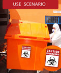 Heavy Duty Self Adhesive Biohazard Warning Decals Waterproof Toxic Waste Stickers Built Tough As Nails That Stick Like Crazy For Medical Labs Or Industrial Sites on orange biohazard waste container in use.