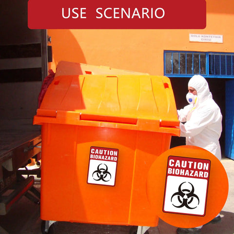 Heavy Duty Self Adhesive Biohazard Warning Decals Waterproof Toxic Waste Stickers Built Tough As Nails That Stick Like Crazy For Medical Labs Or Industrial Sites on orange biohazard waste container in use.