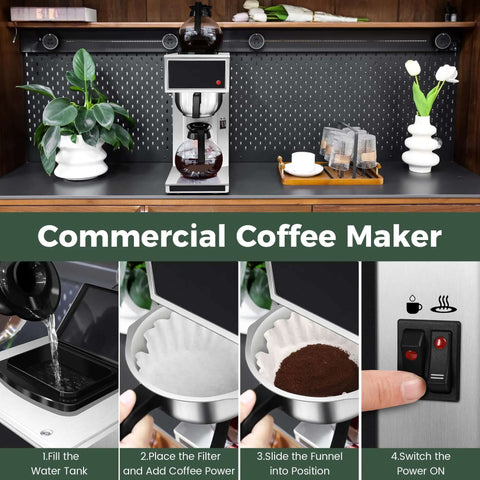 12 Cup Commercial Coffee Maker With Dual Warmers For Offices And Break Rooms - Pourover Stainless Steel Brewer, 120V Compact Drip Coffee Machine For Church Events And Big Gatherings shown on a countertop with accessories.