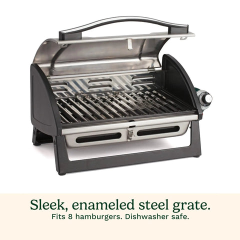 Portable Stainless Steel Gas Grill With Locking Lid For Easy Transport 8000 BTU Propane Grill With Dishwasher Safe Cooking Grate
