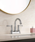 Chrome 4 Inch Centerset Bathroom Faucet With Two Handles For 3 Holes And Pop Up Drain Slick High Arc Vanity Lavatory Tap