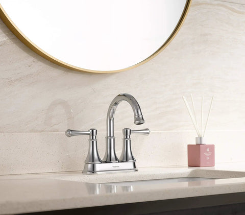 Chrome 4 Inch Centerset Bathroom Faucet With Two Handles For 3 Holes And Pop Up Drain Slick High Arc Vanity Lavatory Tap