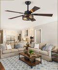 48 Inch Farmhouse Ceiling Fan With Remote And Light Vintage Caged Design Walnut Blades in a modern living room.
