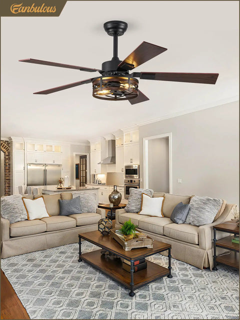 48 Inch Farmhouse Ceiling Fan With Remote And Light Vintage Caged Design Walnut Blades in a modern living room.
