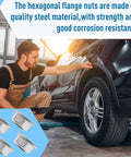 32 Piece Rock Solid Heavy Duty Stainless Steel Hex Flange Locking Nuts M10 X 1.25 Metric Fine Thread Rust Resistant mounted on a car.