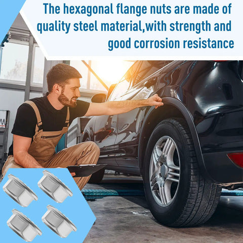 32 Piece Rock Solid Heavy Duty Stainless Steel Hex Flange Locking Nuts M10 X 1.25 Metric Fine Thread Rust Resistant mounted on a car.