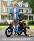 All Day Electric Trike For Adults With 70 Mile Range, 48V 15.6Ah Battery, 1200W Peak Brushless Motor, 18 MPH Top Speed, Smooth Ride For Commutes And Easy Errands, blue cargo trike with front and rear baskets