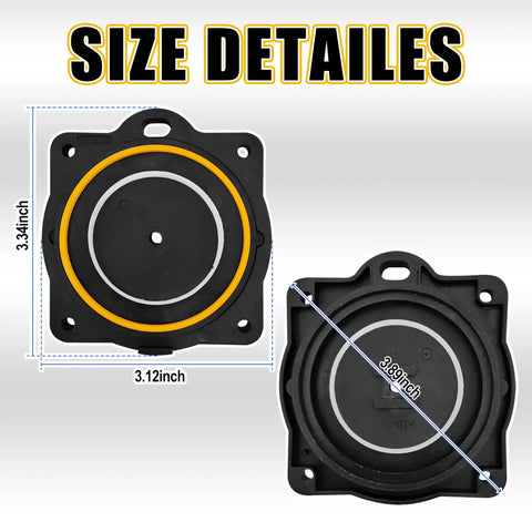 Diaphragm Replacement Kit For Hiblow HP60 HP80 Air Pumps size details shown as 3.38 inches and 3.12 inches in black material