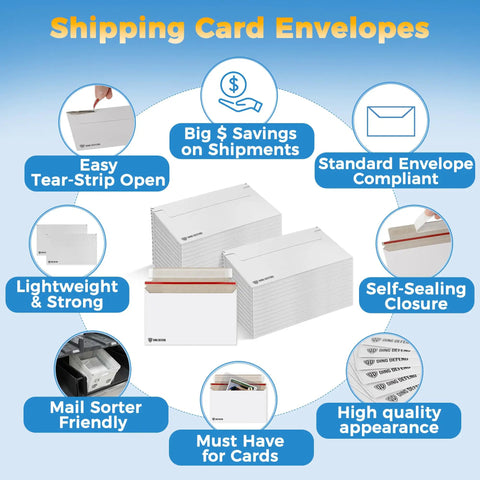 Diagram of Premium 110 Pack Card Shipping Envelopes 7 by 4.35 inches self adhesive mailers with features highlighted.