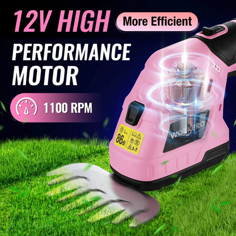 12V Cordless Grass Shear And Shrub Trimmer 2 In 1 Handheld Hedge Trimmer Electric Bush Trimmer And Grass Cutter With 2.0Ah Rechargeable Lithium Ion Battery And 1 Hour Fast Charger Pink Ribbon Edition For Quick Yard Cleanups showing performance motor.