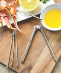 Seafood Shell Cracker And Picks Set, 5 Piece, Heavy Duty Zinc Alloy Nutcracker with crab legs and melted butter