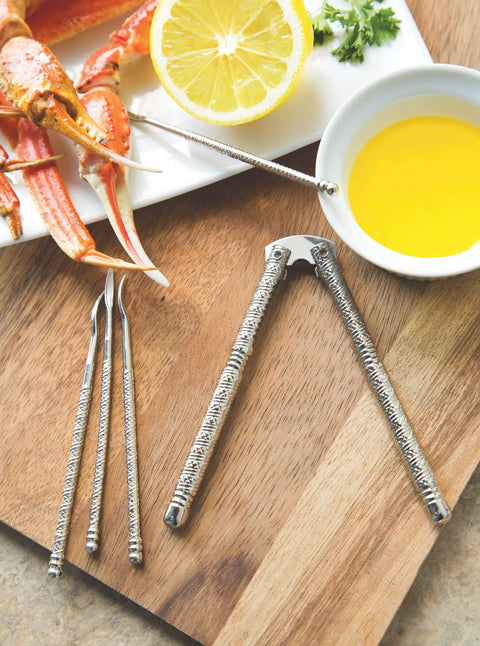 Seafood Shell Cracker And Picks Set, 5 Piece, Heavy Duty Zinc Alloy Nutcracker with crab legs and melted butter