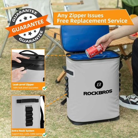 Person placing a can in the grey Leakproof Soft Sided Backpack Cooler For 36 Cans, Insulated Waterproof Cooler Bag.