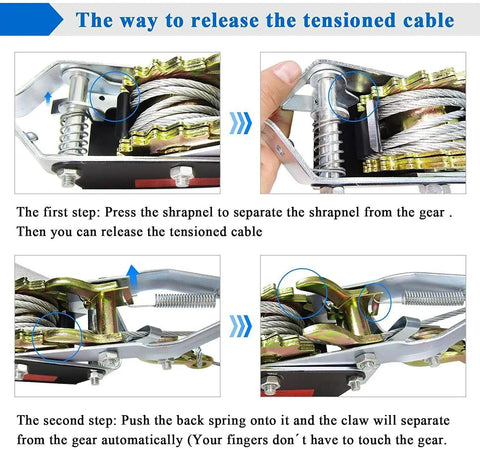 Step-by-step guide to releasing tension on the 5 Ton Come Along Winch Heavy Duty Dual Gear Power Puller With 3 Hook Steel Cable.