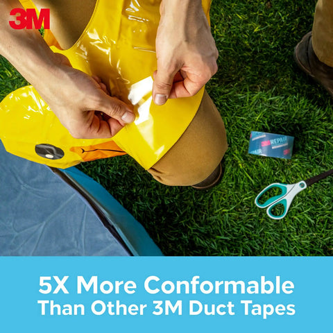 Person using Transparent Repair Tape For Discreet, Long Lasting Fixes Indoors Or Outdoors on yellow inflatable with 3M package nearby.
