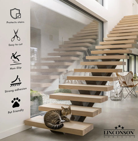Clear No Slip Stair Tread Tape 4x32 Inches With Anti Slip Strips PVC Free 15 Pack on modern staircase with cat