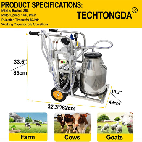 Electric Milking Machine For Cows And Goats, 110V Oil-Free Vacuum Pump Milker, 25L Stainless Steel Bucket with specs