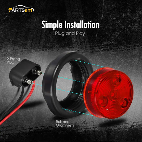 Red LED Trailer Marker Lights 2 Inch Round Kit With Grommets And Plugs And Pigtails Flush Mount Sealed Waterproof 12V demo image